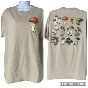 Bowery Supply Beige Cotton T-Shirt with Short Sleeve Mushroom Print Sz L